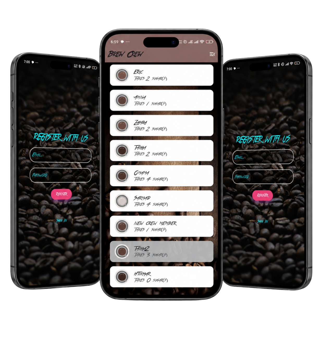 CoffeeBrew mobile application screens