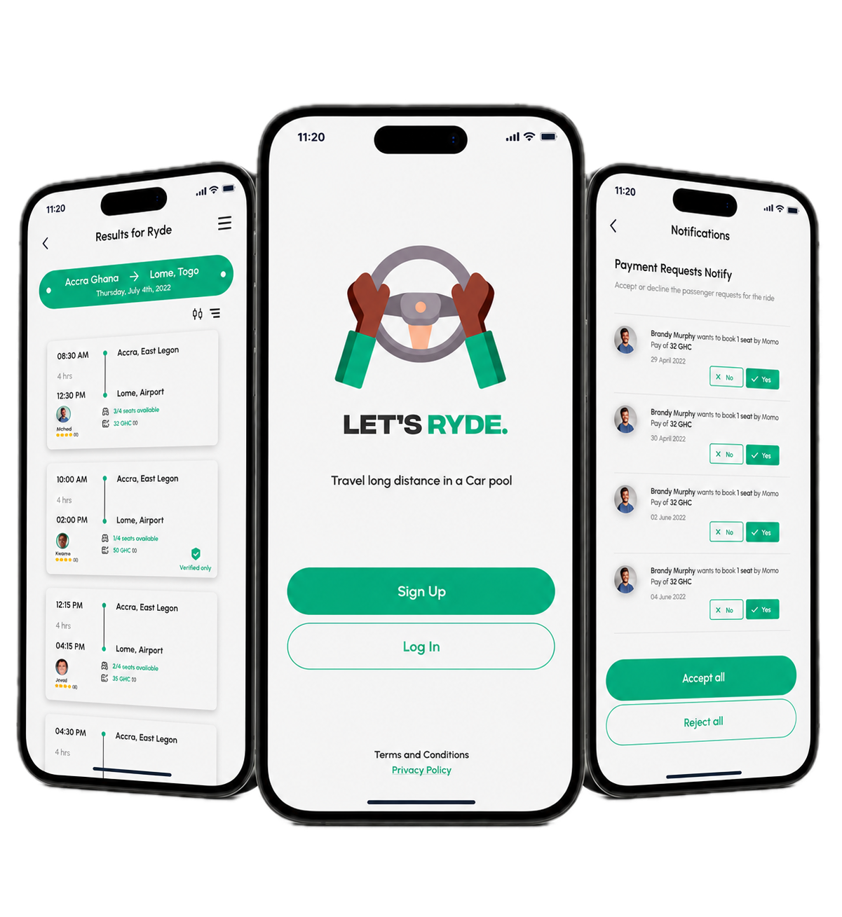 Let’s Ryde mobile screens showing ride search, signup and driver payment requests